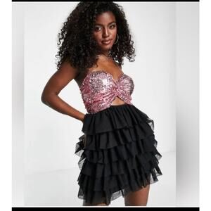 Miss Selfridge Women's Pink & Black Sequin Mesh Bandeau Rara Mini Dress Size 6